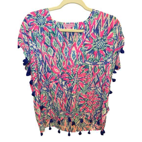 Lilly Pulitzer Women XS Top Tunic‎ Short Sleeve Sydney Caftan Pink Blue Tassels - Picture 1 of 16